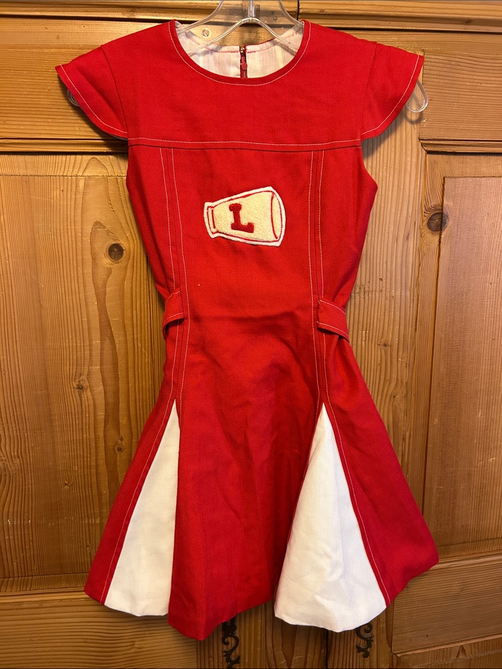 True Vintage 60s Red Cheerleader Dress with White Panels Textured Megaphone